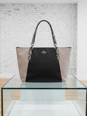 Coach Black and Taupe Leather Tote with Snakeskin-Print Handles